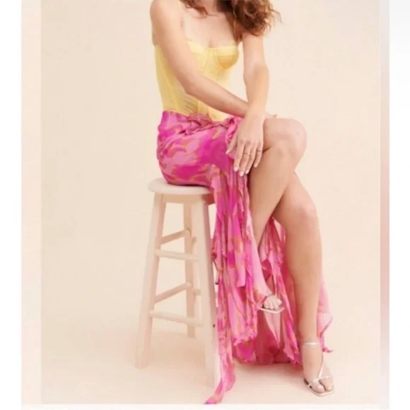 The Wolf Gang Rhapsody Maxi Skirt Candy Haze Frilly High Slit Hot Pink Floral - Picture 4 of 13